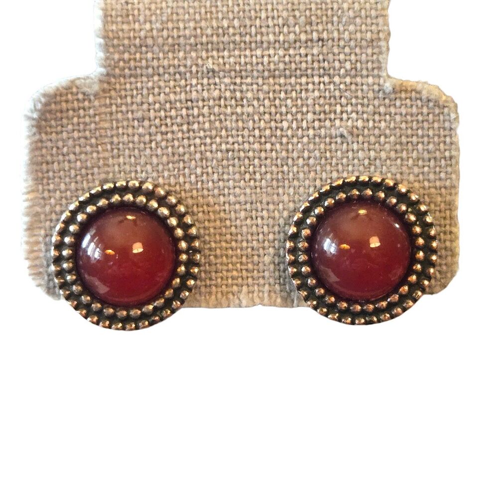 Robert Rose Vintage Copper & Faux Carnelian Cabochon Beaded Rim Clip On Earrings